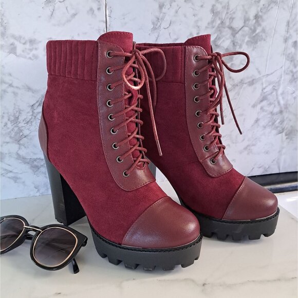 Women’s Moda Burgundy Lace-Up Chunky Block Heel Ankle Booties - Picture 1 of 11